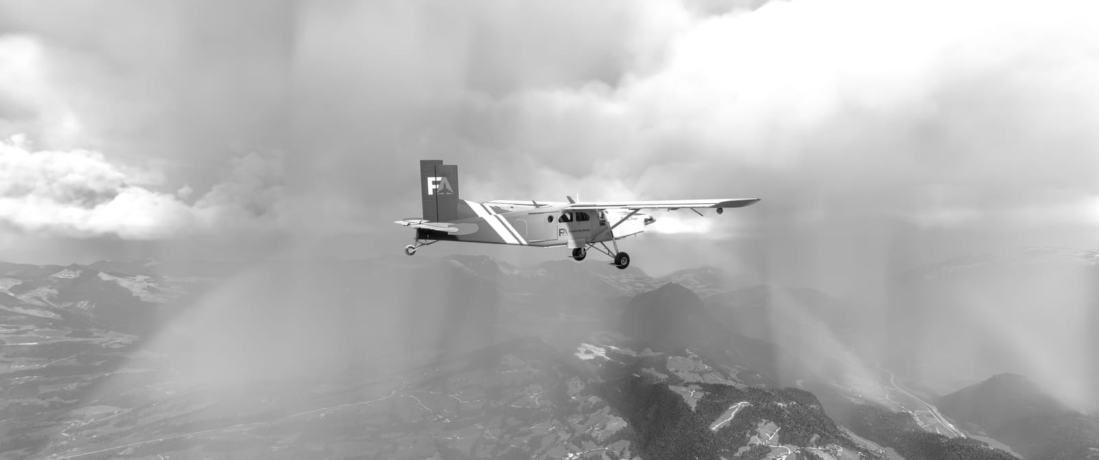 A Foehn Aviation Pilatus Porter over the Alps, in black and white